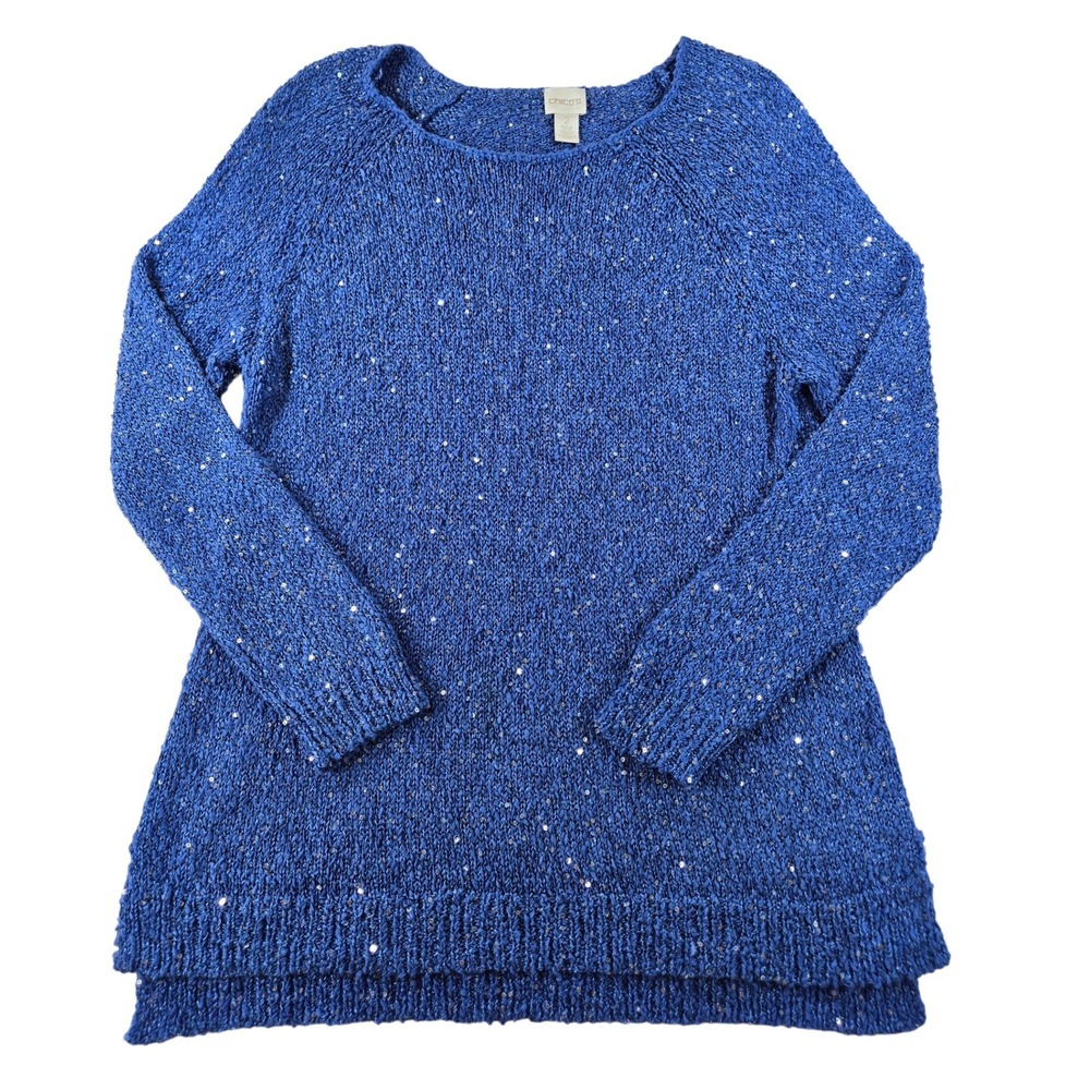 Chicos Size 2 Blue Sequin Knit Sweater Womens  Long Sleeve Scoop Neck Raglan